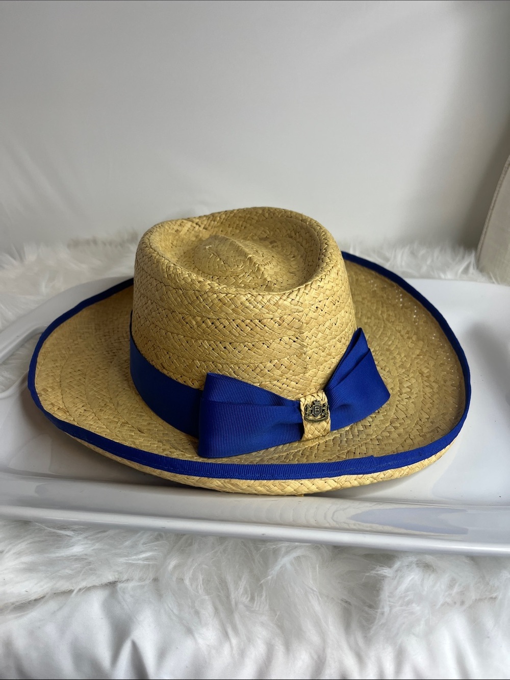 Biltmore Straw Sun Hat with Royal Blue Grosgrain Band and Crest